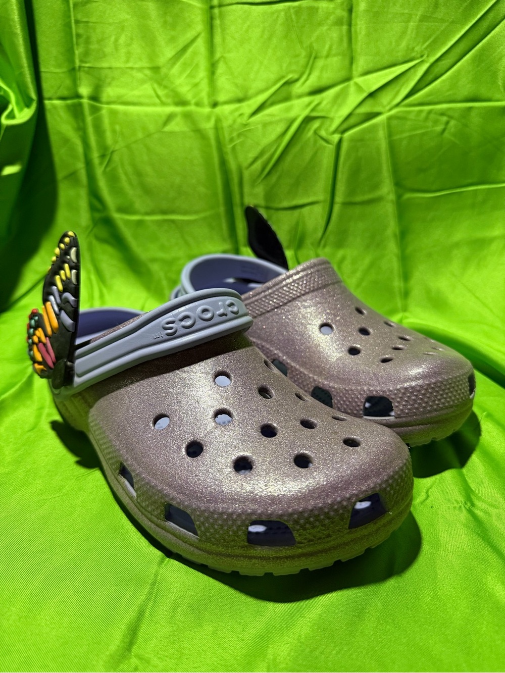 CROCS Kids Metallic Lavender Clog Sandals with Butterfly Charm